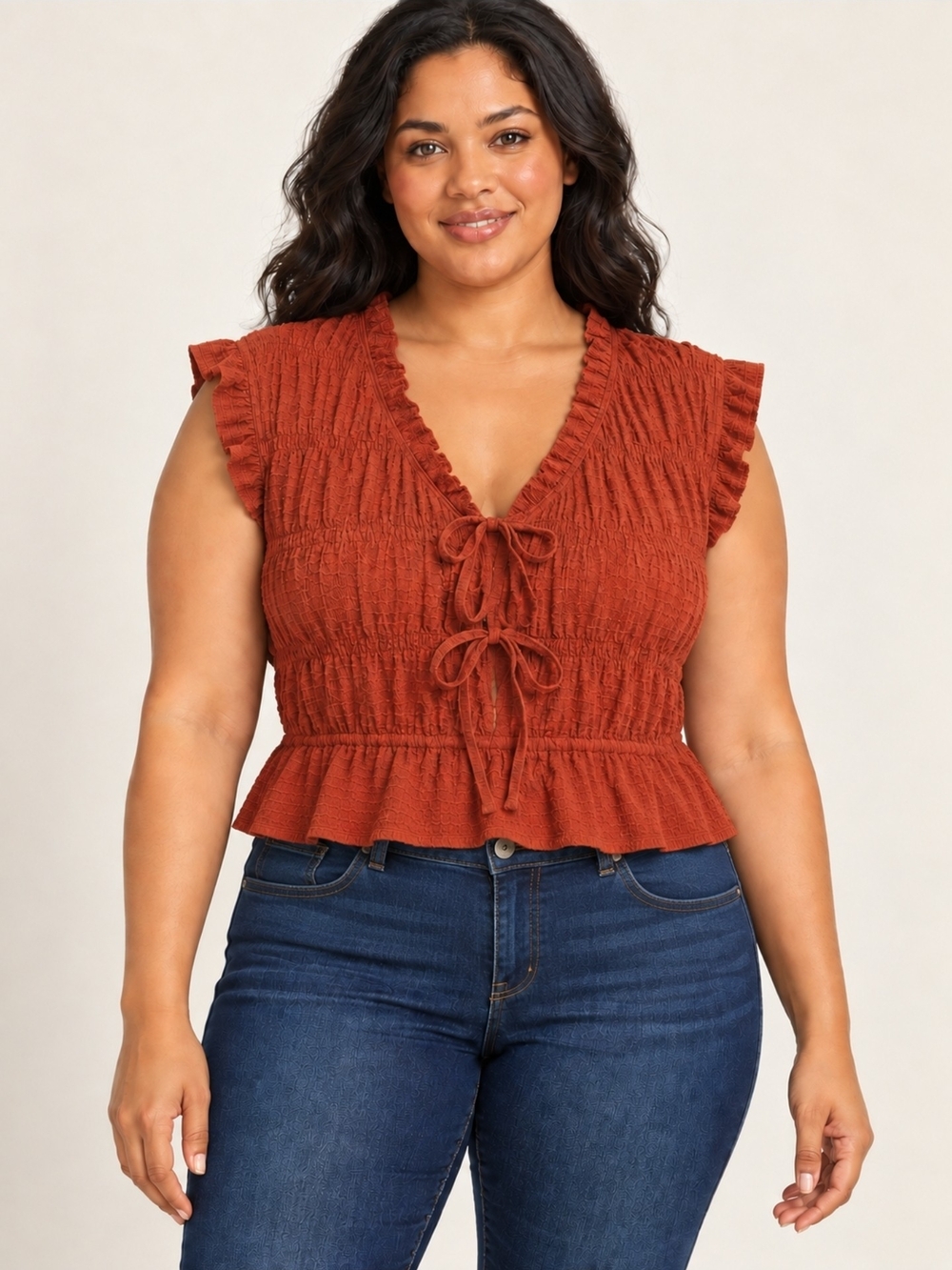 Time and Tru Rust Smocked Tie-Front Ruffle Peplum Top